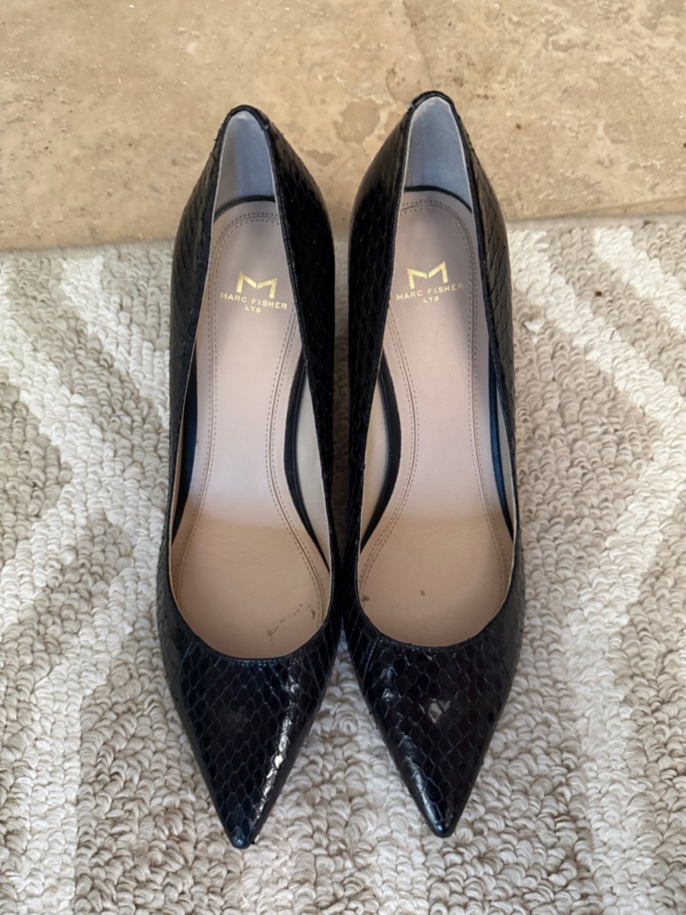 Marc Fisher Black Faux Snakeskin Pointed Pumps